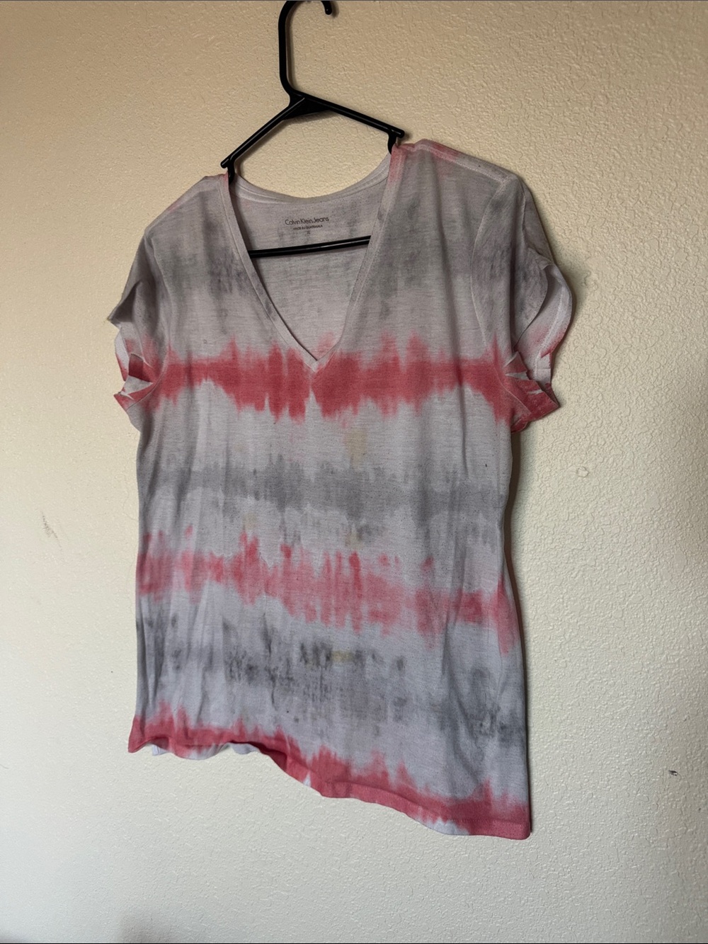 Calvin Klein Women's Short Sleeve V-Neck Tie-Dye Top - Pink & Gray